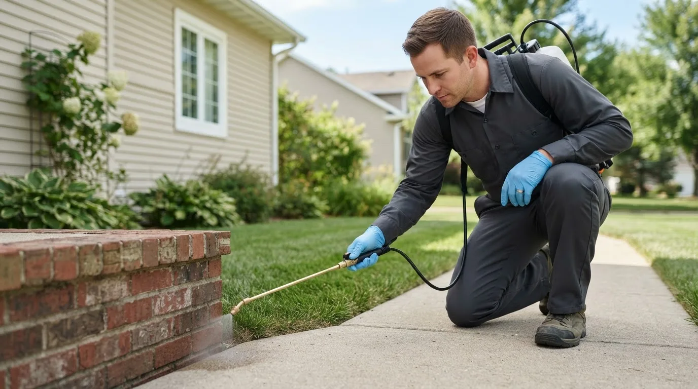 Pest control technician treating a home near Manawa, WI